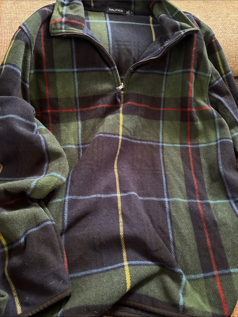 Nautica Men's Green & Navy Plaid Half-Zip Fleece with Red and Yellow Accents